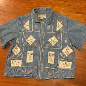 Vintage 90s Tantrum Blues 100% cotton short sleeve embroidered denim shirt L